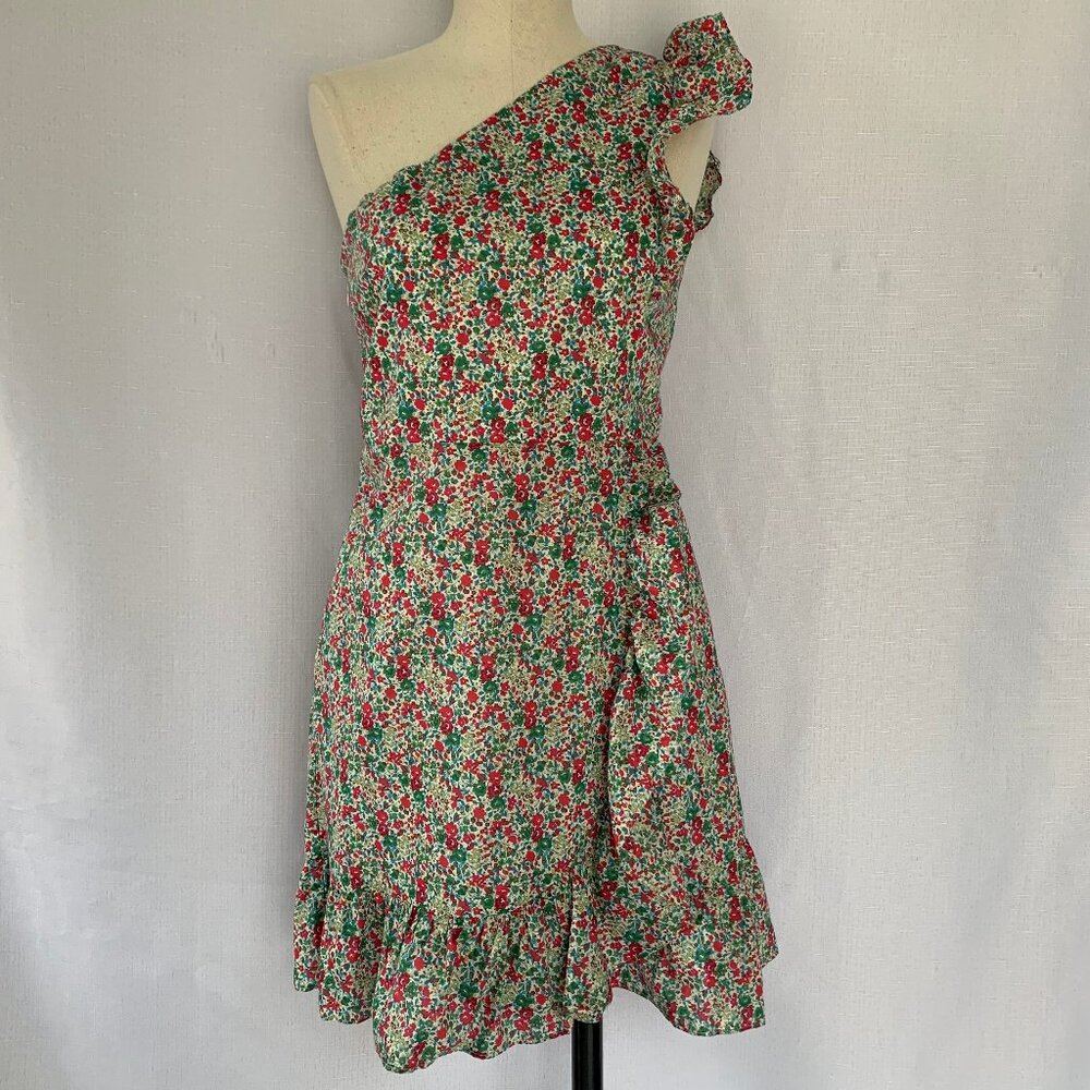 J CREW Multi-Color Floral Cotton One Shoulder Ruffle Dress